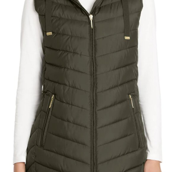 Weatherproof Jackets & Blazers - Weatherproof hooded chevron longline puffer vest in army green L large
